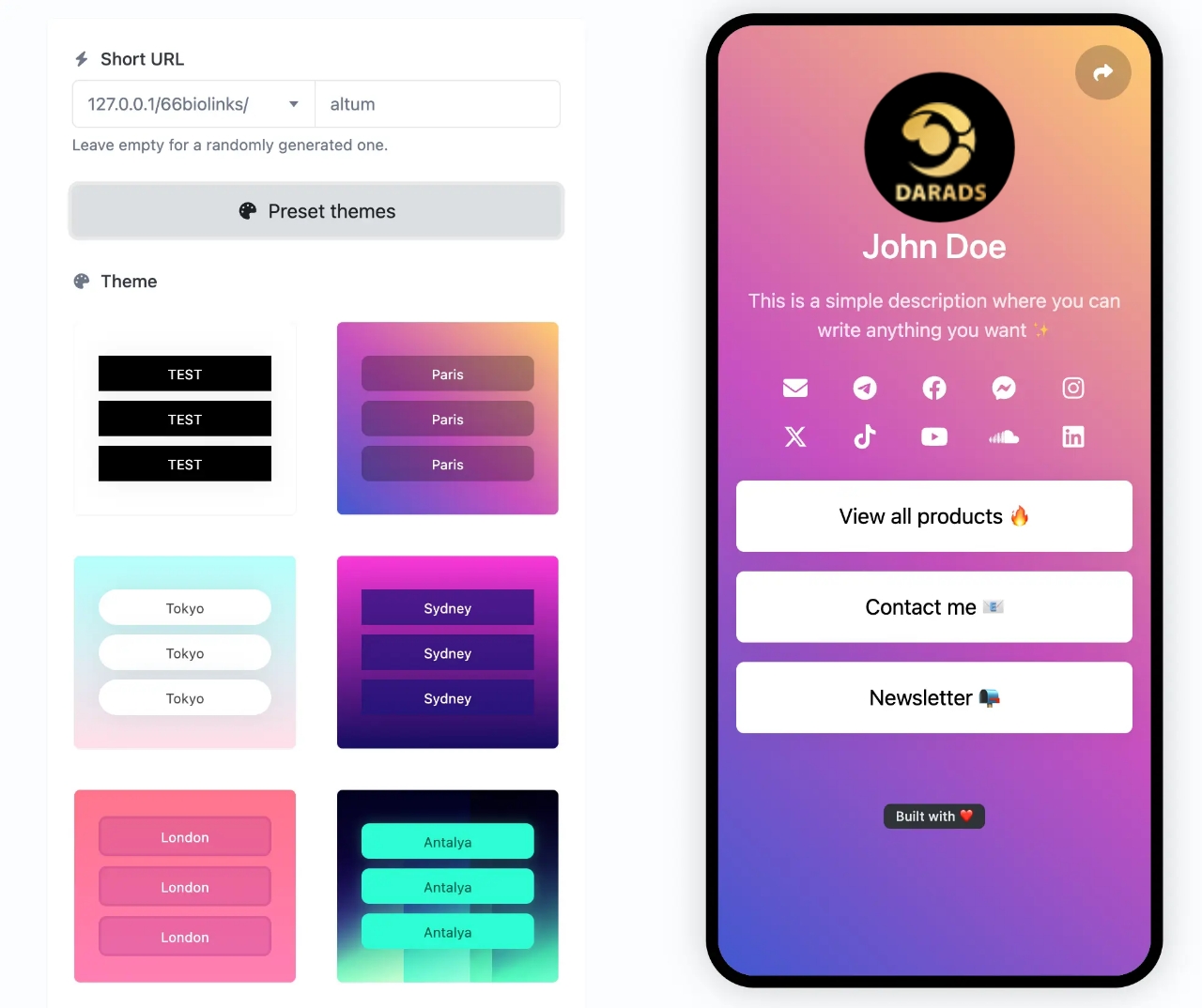 Screenshot of the app biolink editing page